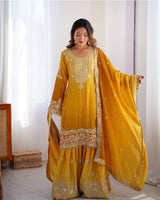 Yellow Color Chinnon Sequence Work Plazzo Suit