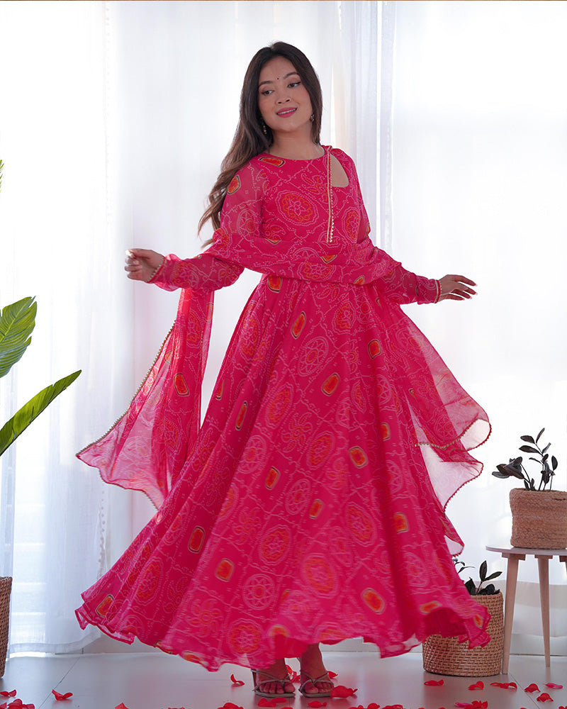 Pink Color Bandhej  Print Soft Chiffon Stylish Neck Three Piece Anarkali Gown