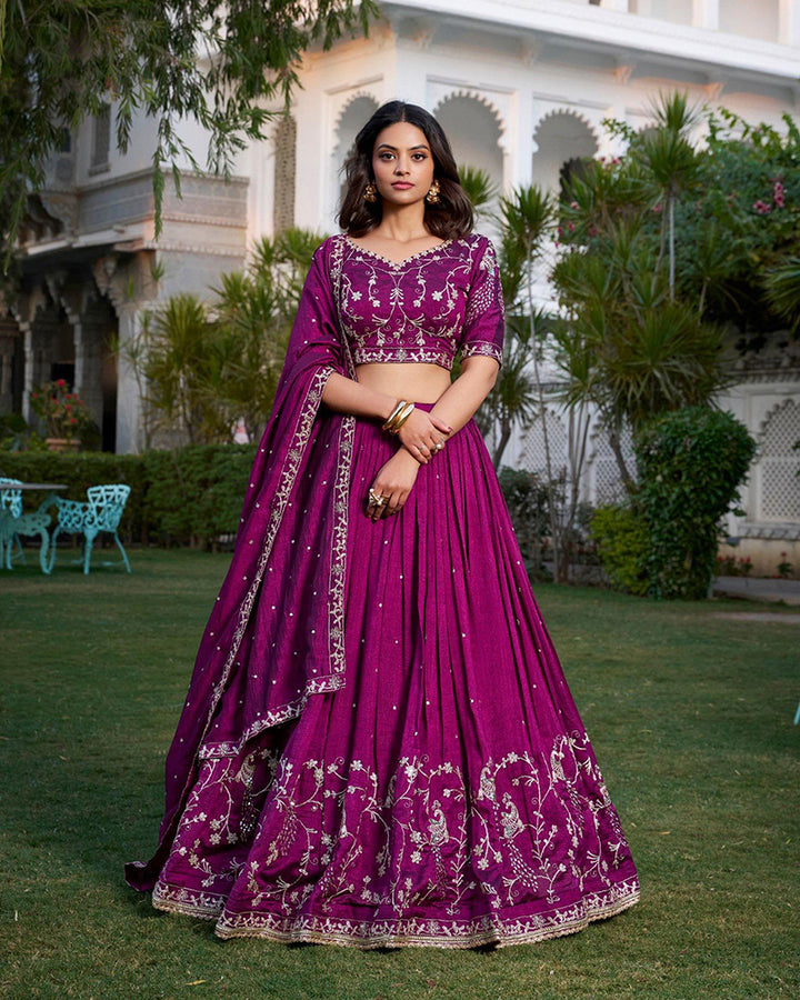 Wine Color Vichitra Silk Sequence Embroidery Lehenga Choli