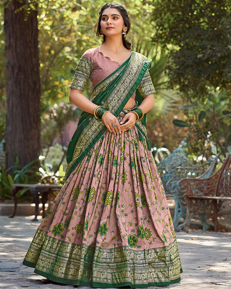 Onion Color Tussar Silk Kalamkari Printed Navratri Lehenga Choli