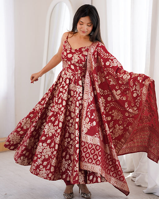 maroon Color Jacquard Dola Silk Anarkali Suit