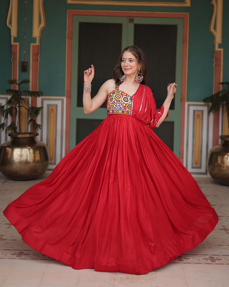 Maroon Color Reyon Gamthi Work Navratri Gown