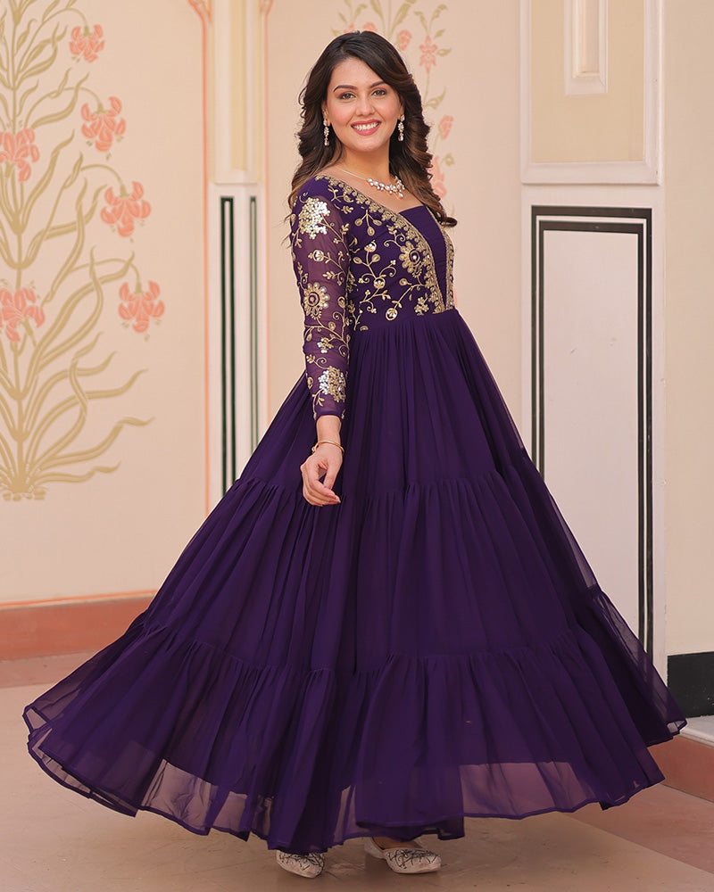 Elegant Purple Floor-Length Gown With Golden Threadwork