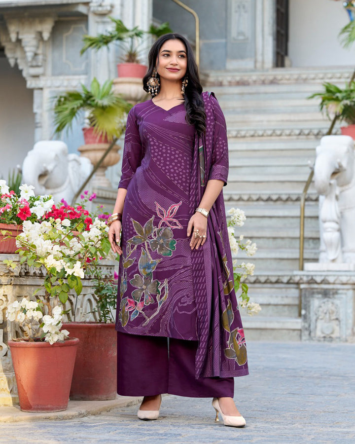 Wine Color Roman Silk Three Piece Kurti Suit