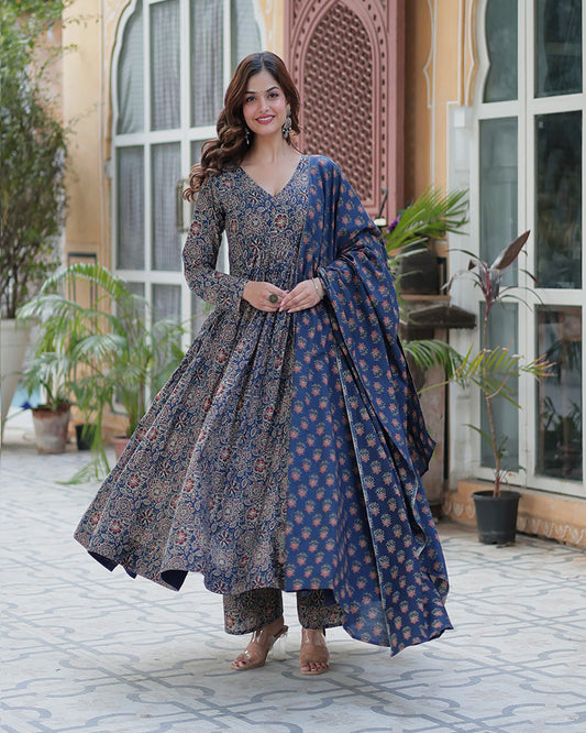 Premium Blue Color Pure Cotton Kurti With Pant And Dupatta Set