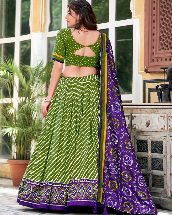 Green Color Tussar Silk laheriya Printed Navratri Lehenga Choli