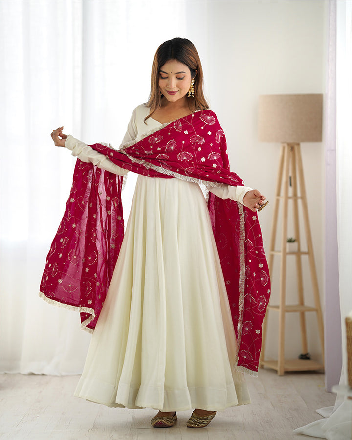 White Color Soft Vichitra Silk Anarkali With Rani Pink Dupatta