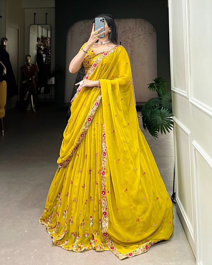 Yellow Color Georgette Embroidered Lehenga Choli