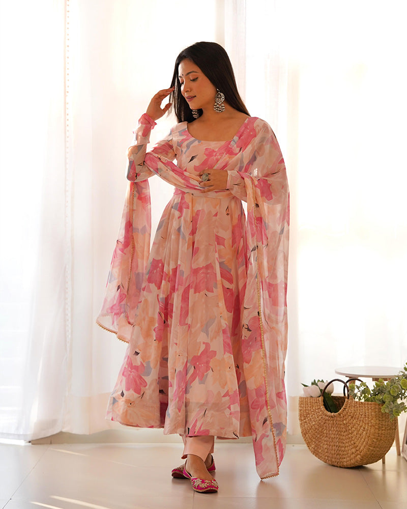 Beautiful Baby Pink Multi Color Georgette Three Piece Anarkali Suit