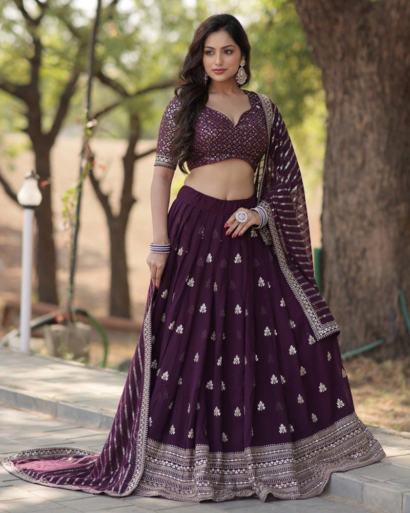 Wedding Wear Wine Color Blooming Lehenga Choli