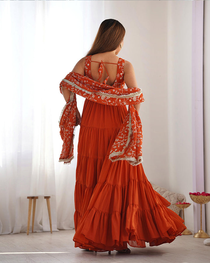 Orange Color Georgette Five Layer Ruffle Style Anarkali Suit