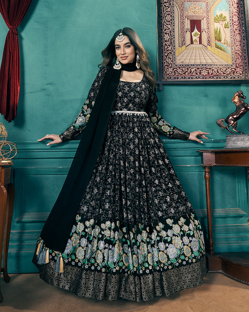 Black Color Faux Georgette Metalic Foil Work Gown With Dupatta