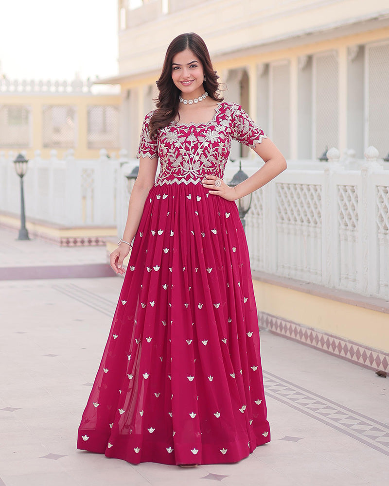 Rani Pink Color Faux Blooming Sequins Embroidered Anarkali Gown