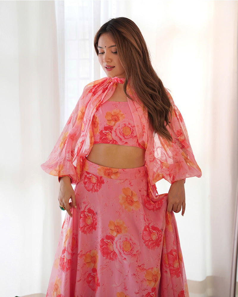 Baby Pink Color Pure Tabby Organza Printed Lehenga Choli