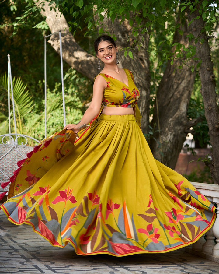 Mustard Color Polyester Viscose Chanderi Lehenga Choli