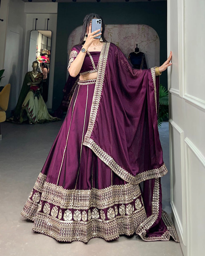 Wine Color Rangoli Silk Embroidered Lehenga Choli