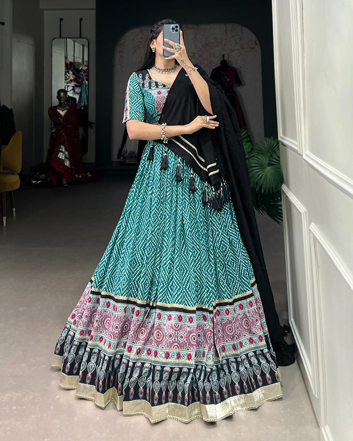 Bottle Green Color Rayon Bandhej Print Navratri Lehenga Choli