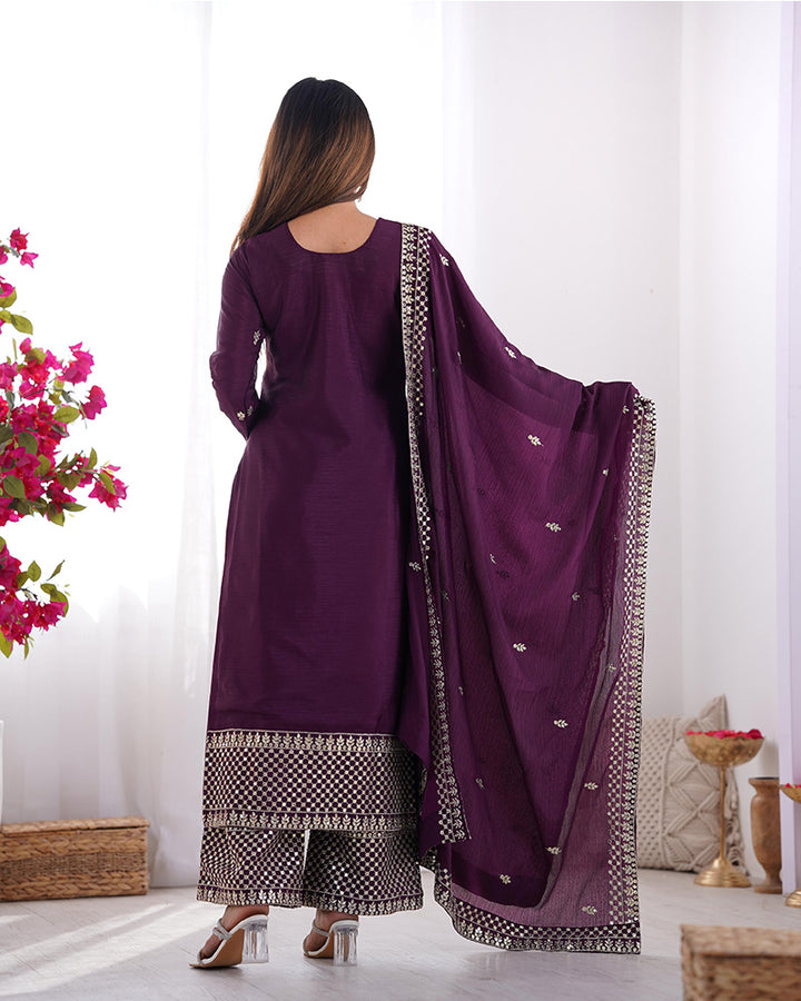 Wine Color Chinon Silk Three Piece Kurti Suit