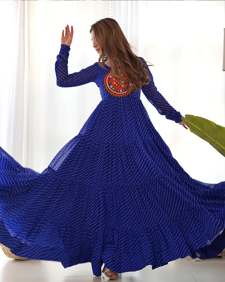 Royal Blue Color Georgette Laheriya Print Navratri Gown