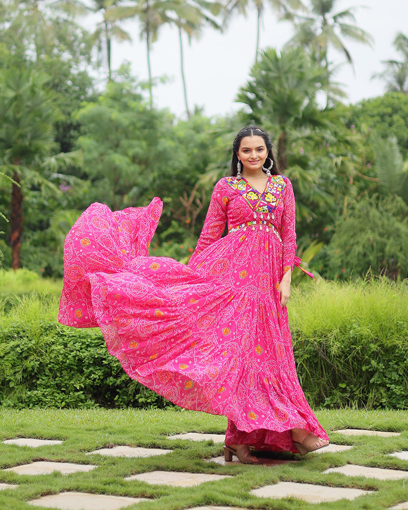 Pink Color Georgette Kutchi Work Navratri Gown