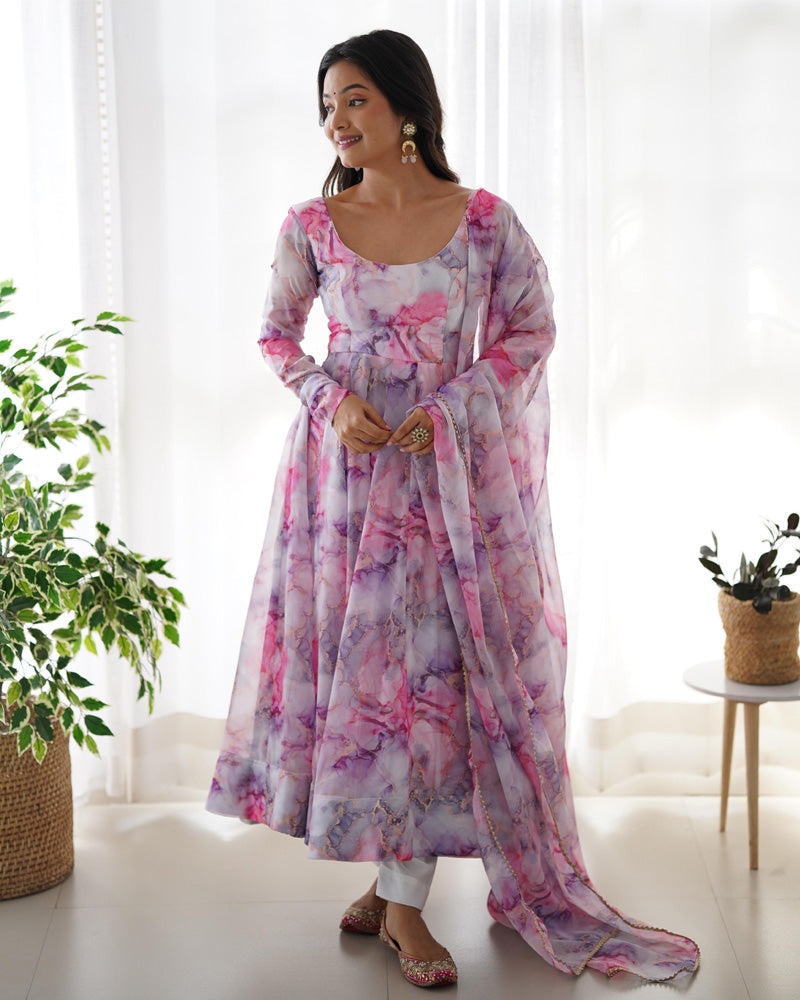 Printed Pink And White Kali Pattern Organza Silk Three-Piece Anarkali Suit