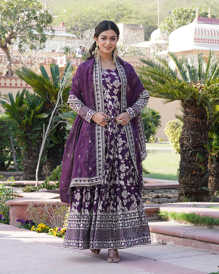Designer Wine Color Sequence embroidered Viscose Jacquard Gown With Dupatta