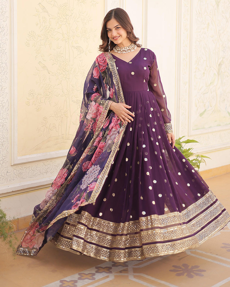Faux Georgette Wine Color Anarkali Gown With Tebby Silk Dupatta