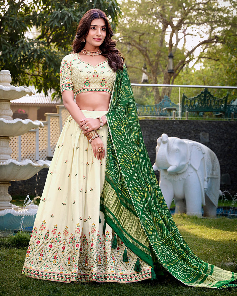 Square Shape Off-White Color Cotton Lehenga Choli