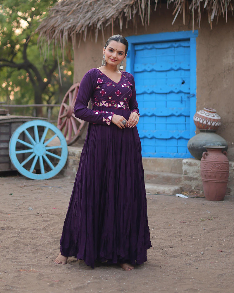 Purple Color Rayon Ruffle Style Navratri Gown