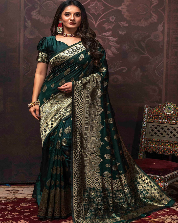 Dark Green Color Banarasi Jacquard Soft Silk Saree