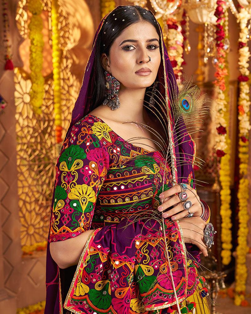 Traditional Mustard Multi Color Thread And Mirror Work Lehenga Choli