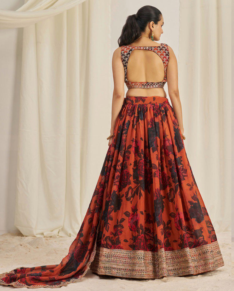 Orange And Black Color Floral Printed Organza Lehenga Choli