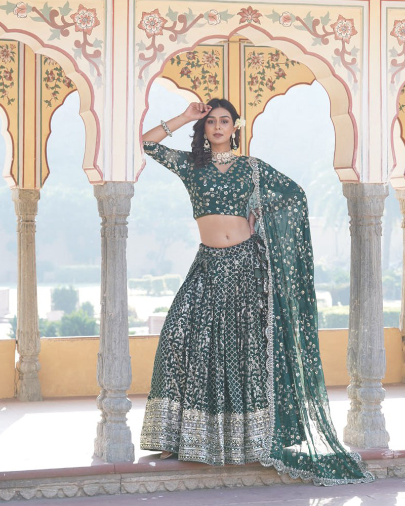 New Design Green Color Sequence Embroidered Jacquard Lehenga Choli
