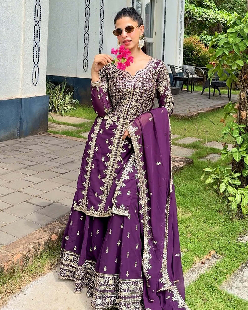 Wine Color Faux Georgette Embroidered Sharara Suit