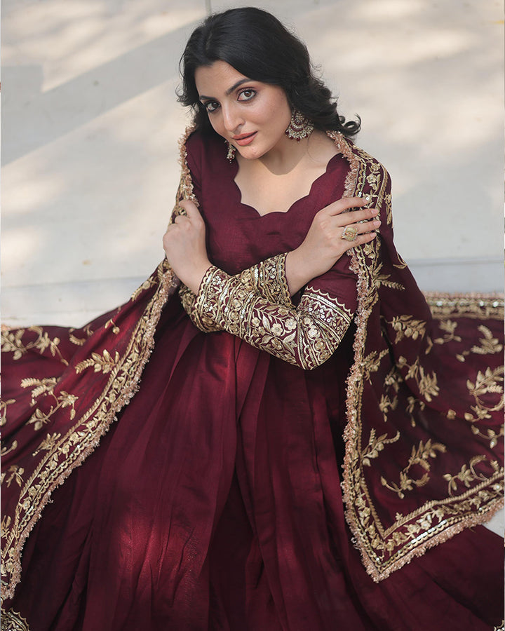 Dark Maroon Color Vichitra Shimmer Sequence Embroidered Gown