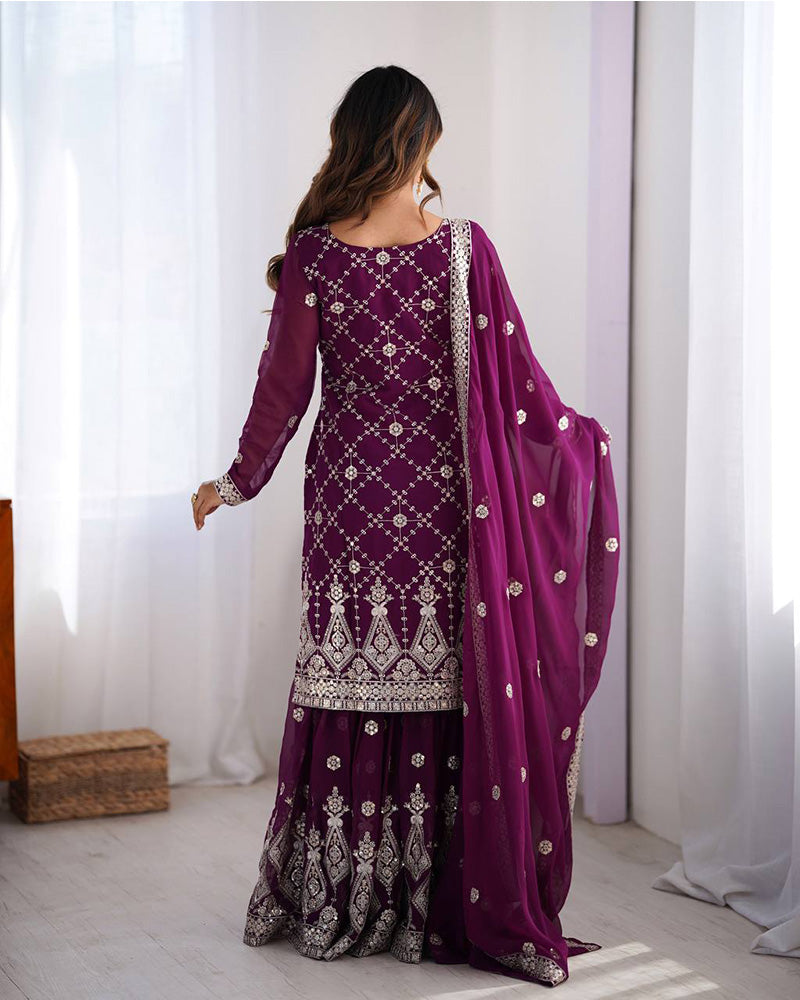 Wine Color Faux Georgette Sharara Suit