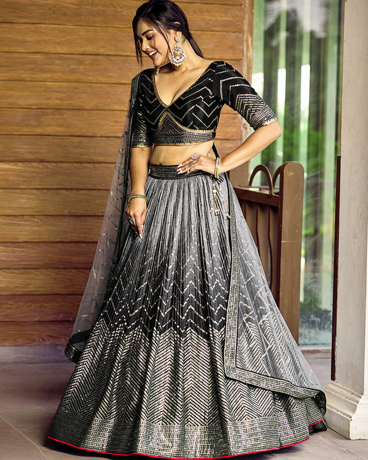 Black Color Chinon Embroidered Lehenga Choli