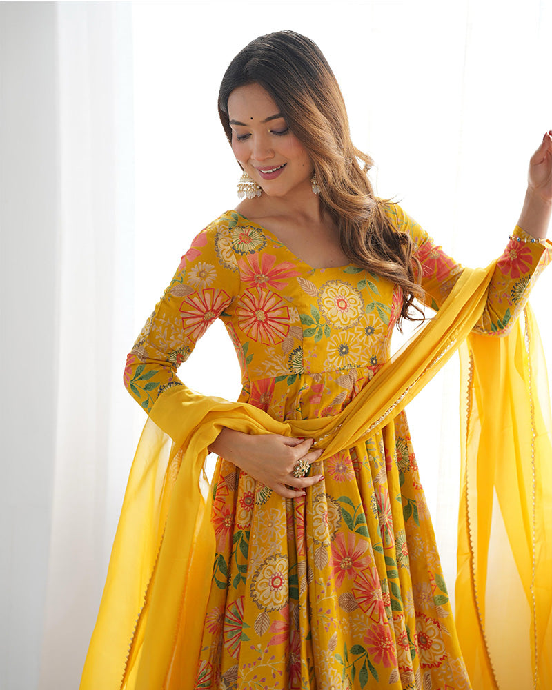 Mustard Color Roman Silk Discharge Printed Plazzo Suit