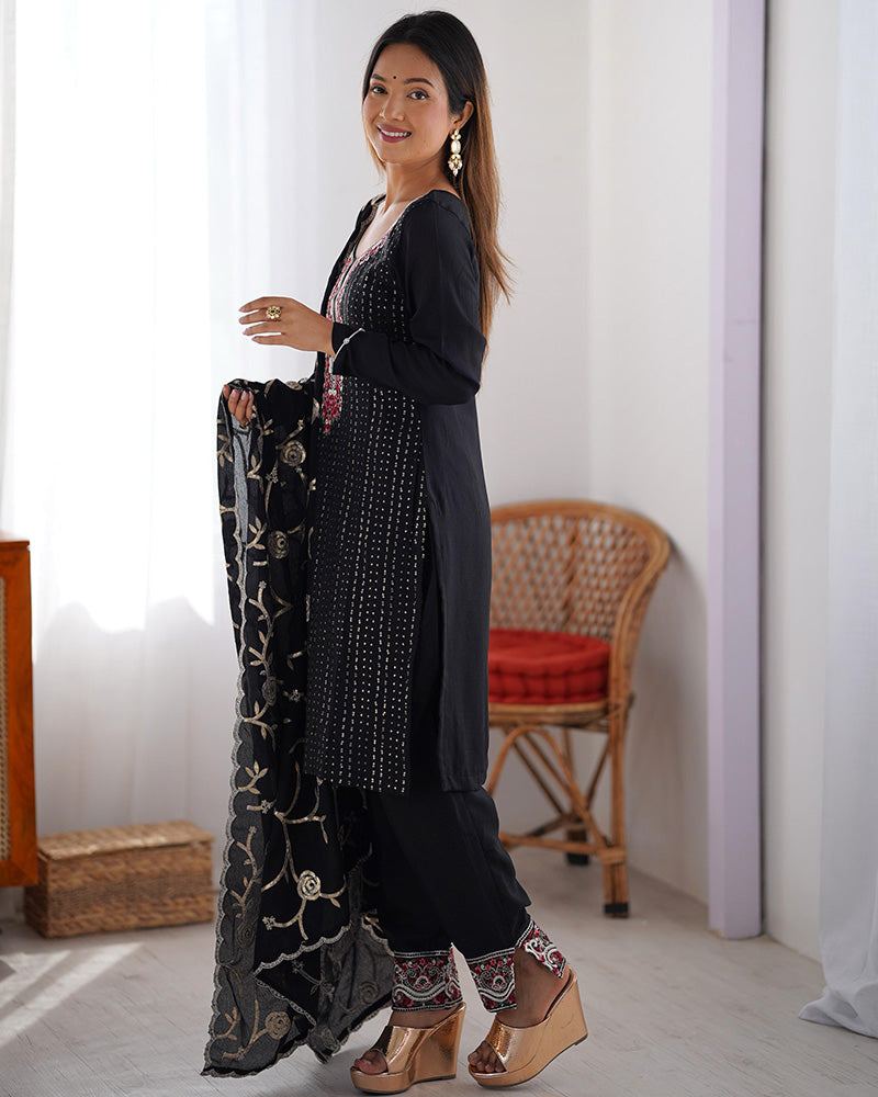 Black Color Chinon Silk Three Piece Kurti Suit