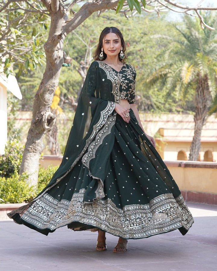 Wedding Wear Dark Green Color Designer Blooming Semi stitched Lehenga Choli