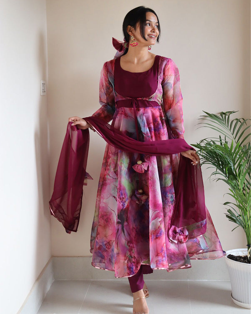Rose Pink Color Digital Print Organza Three Piece Anarkali Suit