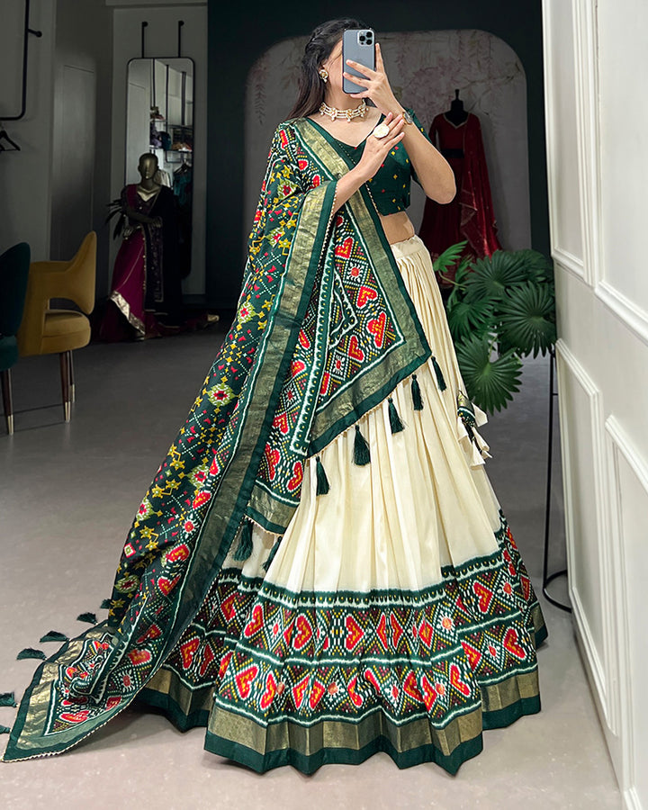 Green Color Tussar Silk Patola Printed Lehenga Choli