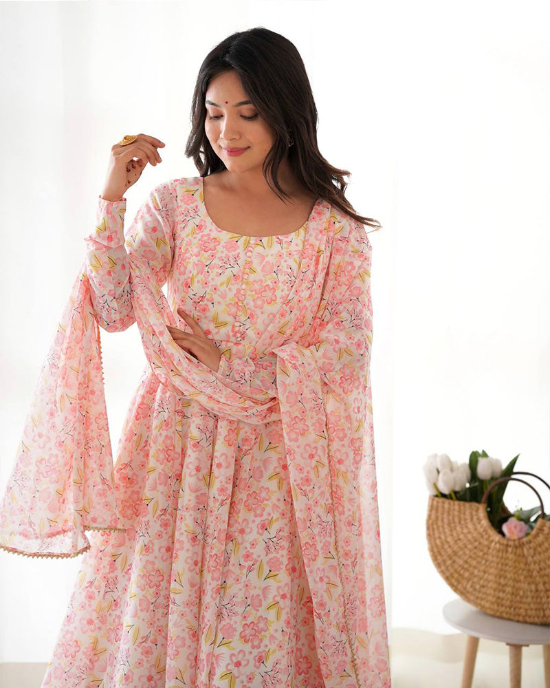 Multi Pink Color Chiffon Floral Print Three Piece Anarkali Suit