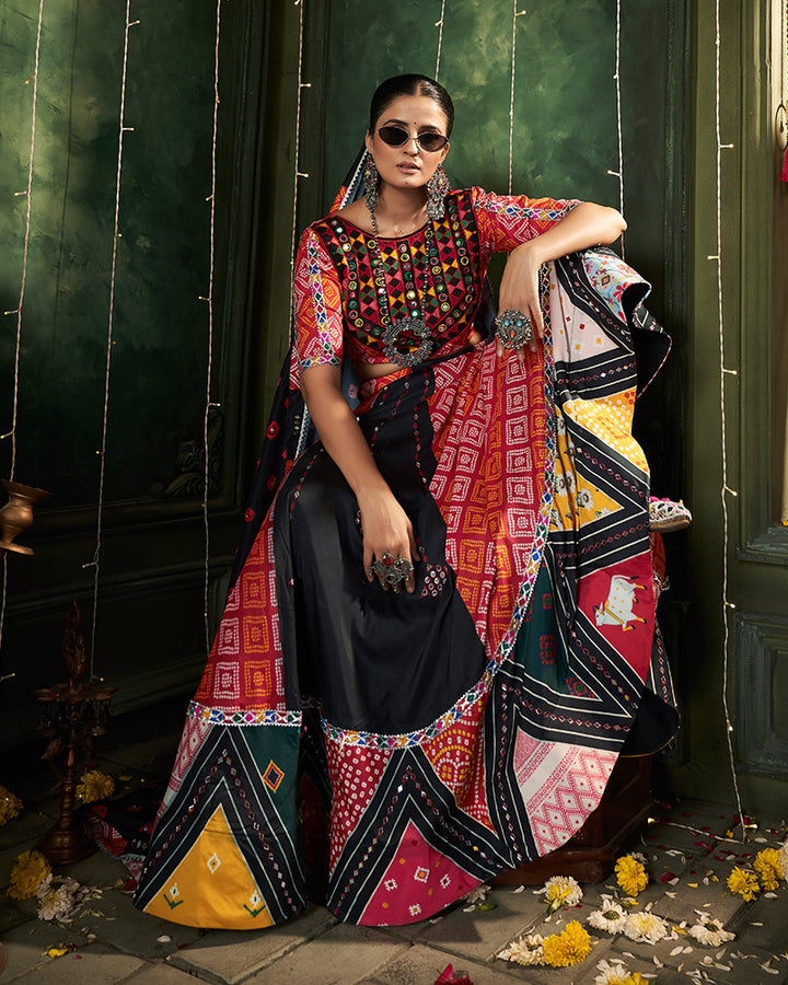 Black Color Maslin Cotton Printed Navratri Lehenga Choli