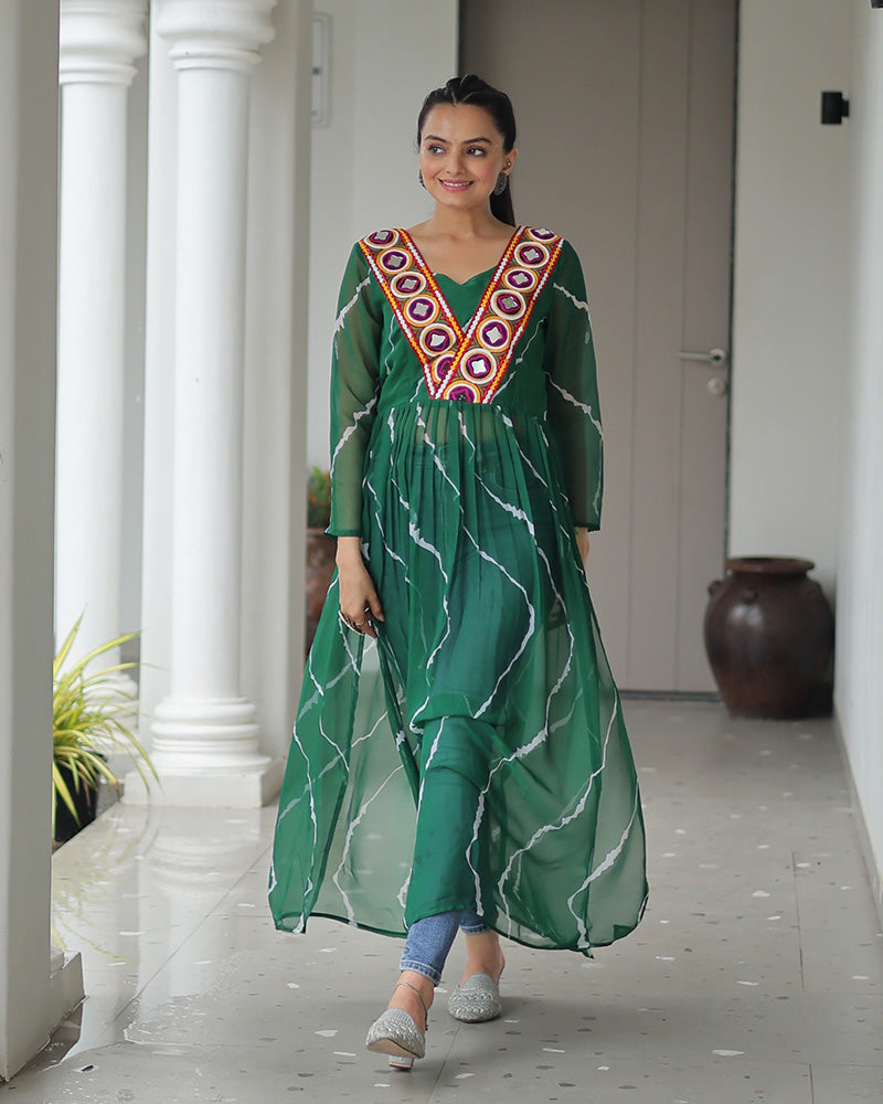 Green Color Faux Georgette Kutchi Work Navratri Kurti