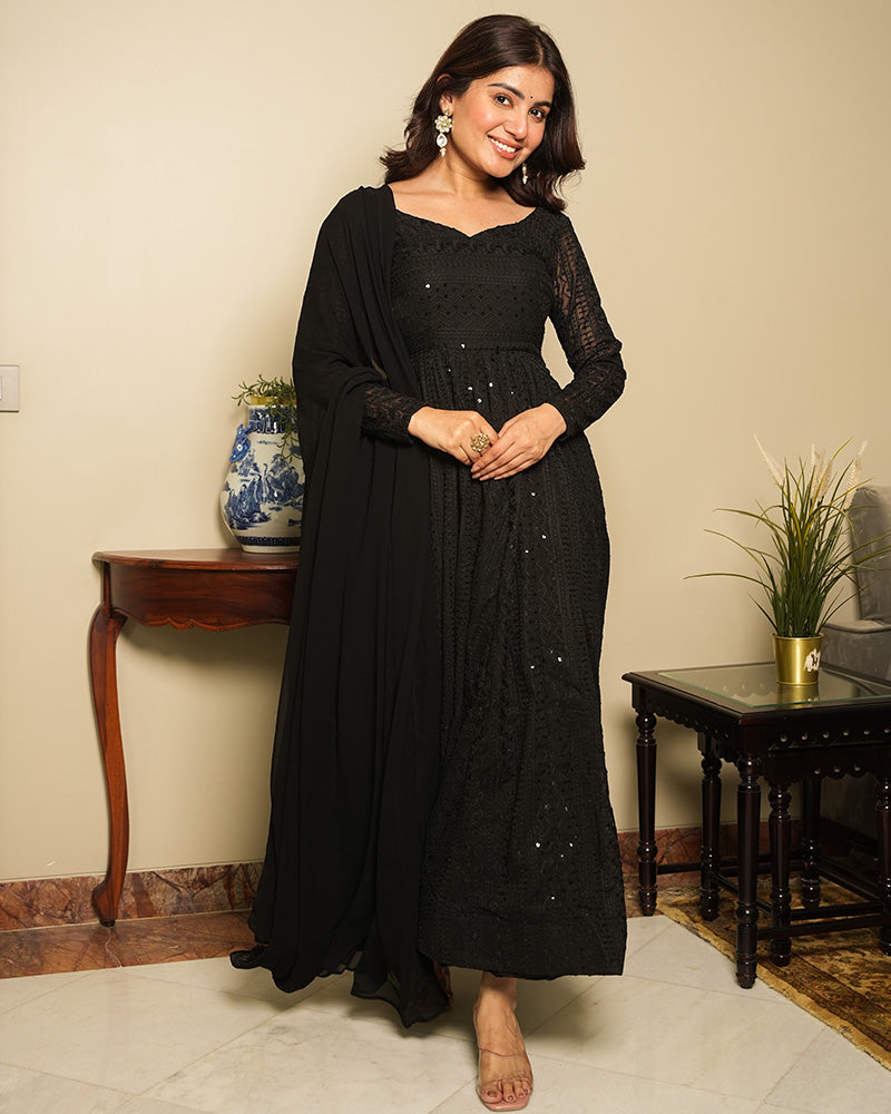 Black Color Georgette Lucknowi Three Piece Anarkali Suit