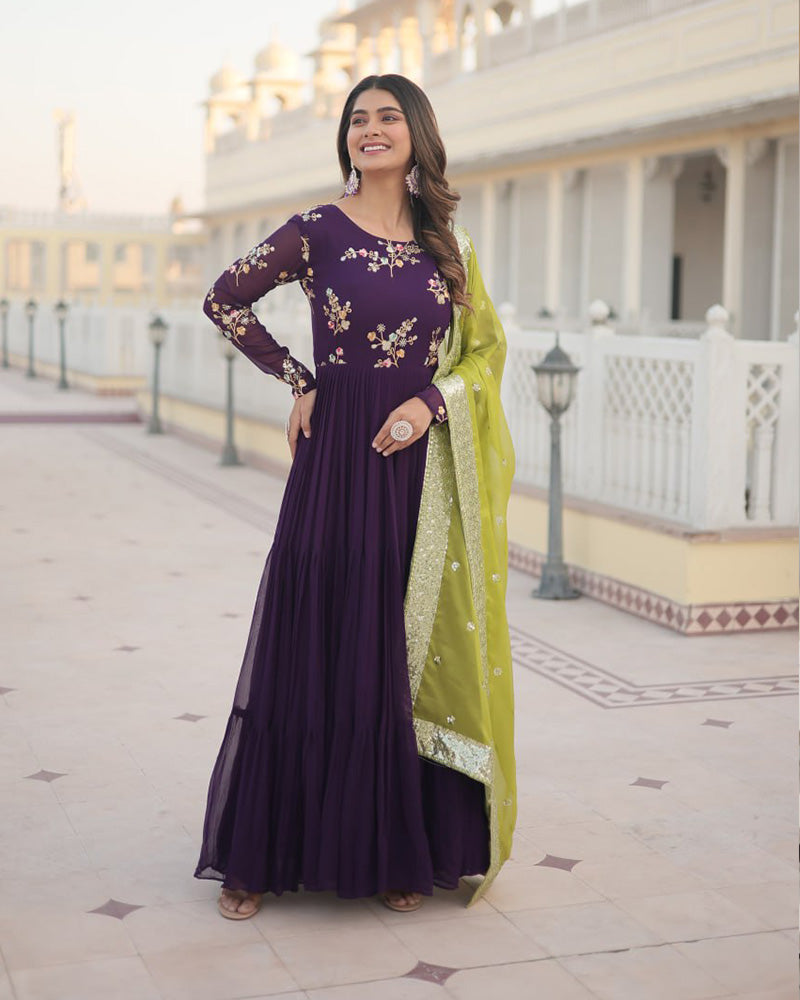 Wine Color Three layer Georgette Gown With Russian Silk Dupatta