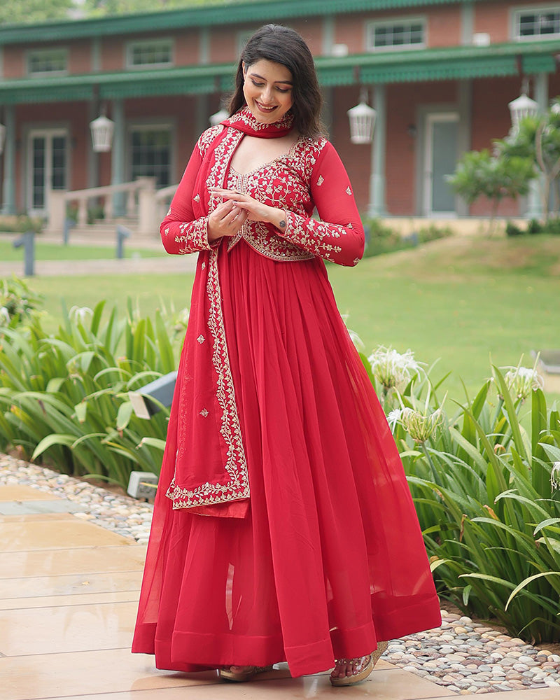 Pink Color Faux Blooming Multi Embroidered Work Gown