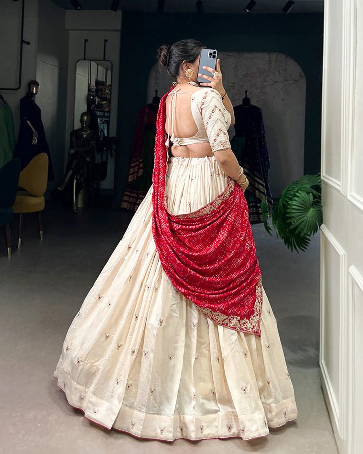 Off White Color Vichitra Silk Sequins And Thread Embroidered Lehenga Choli