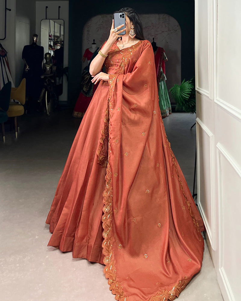 Rust Orange Color Korean Tussar Silk Lehenga Choli